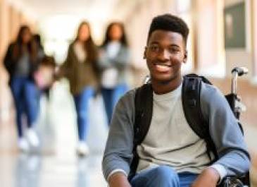 Preteen in a wheelchair smiling with a group of preteen girls in the background walking down a school hallway.
