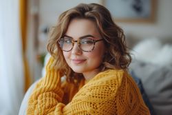 Blonde female teen wearing eyeglasses sitting down