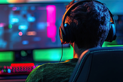 In a dedicated playing area, a young gamer dives into computer games while using headphones to enhance the gameplay