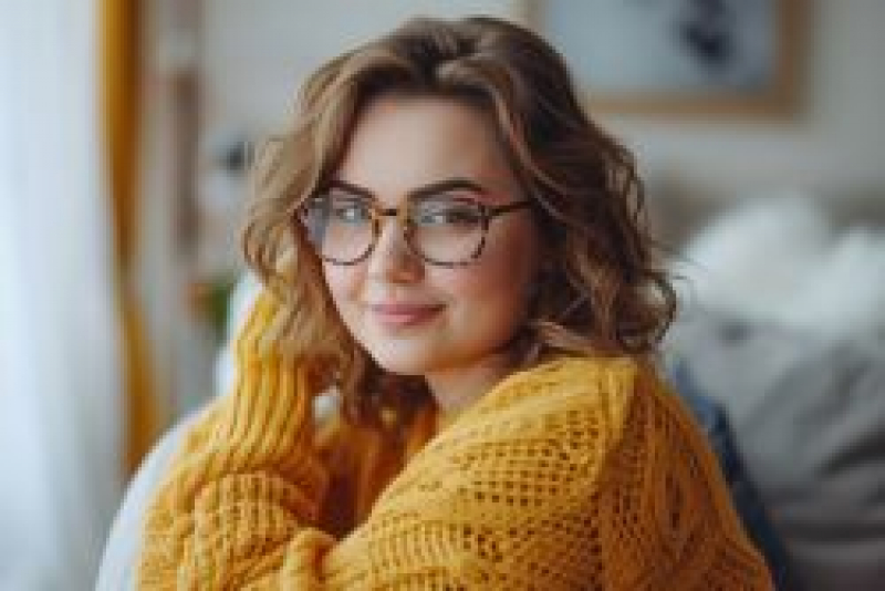 Blonde female teen wearing eyeglasses sitting down